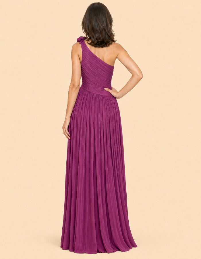 Effen kleur maxi-jurk met één schouder en 3D bloemen van chiffon