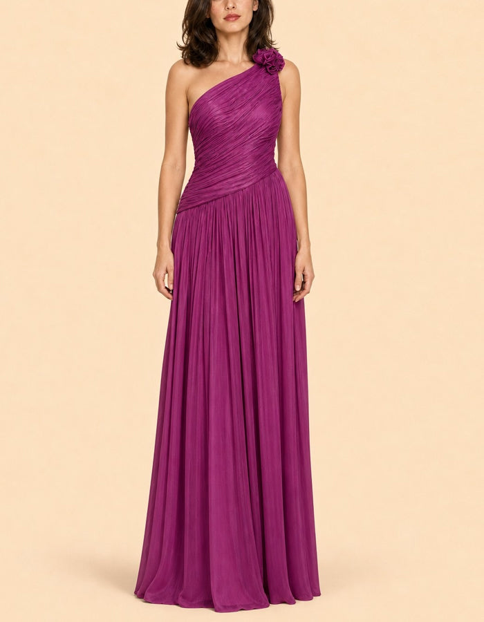 Effen kleur maxi-jurk met één schouder en 3D bloemen van chiffon