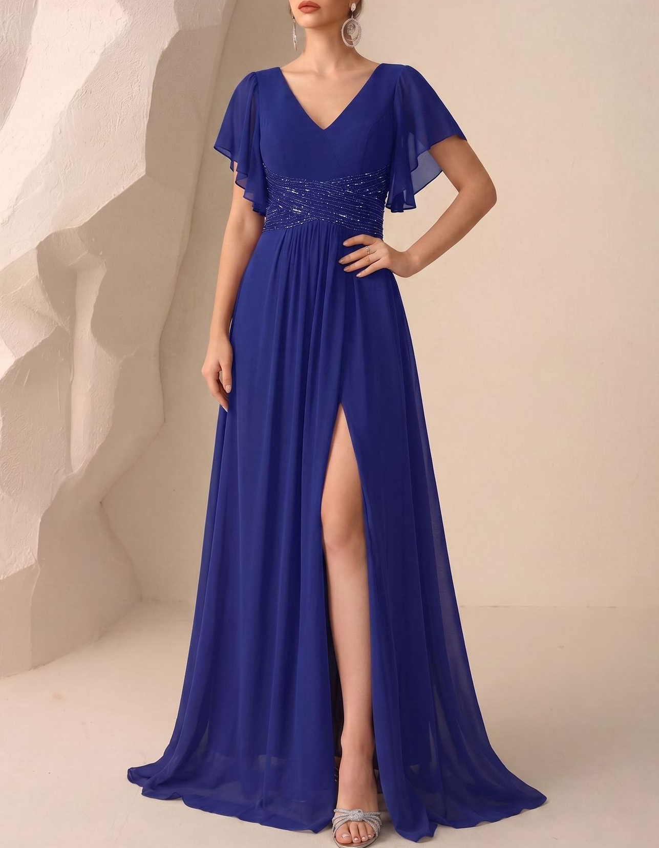 Chiffon V-Neck Sequined Waistband & High Slit Maxi Dress