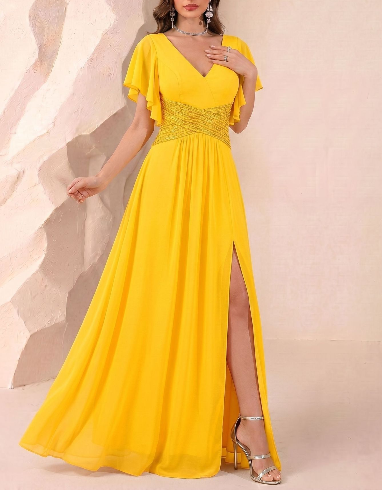 Chiffon V-Neck Sequined Waistband & High Slit Maxi Dress