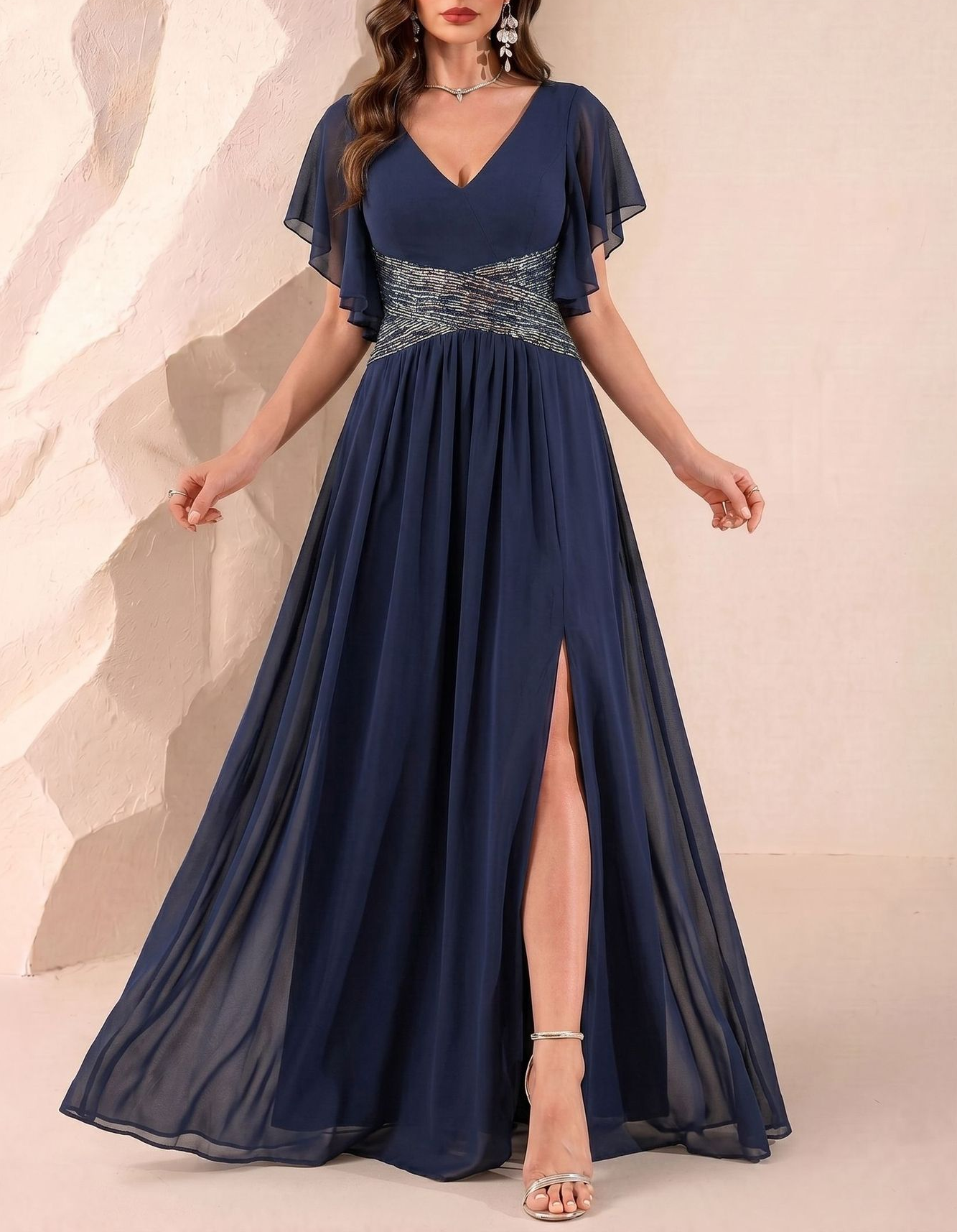 Chiffon V-Neck Sequined Waistband & High Slit Maxi Dress