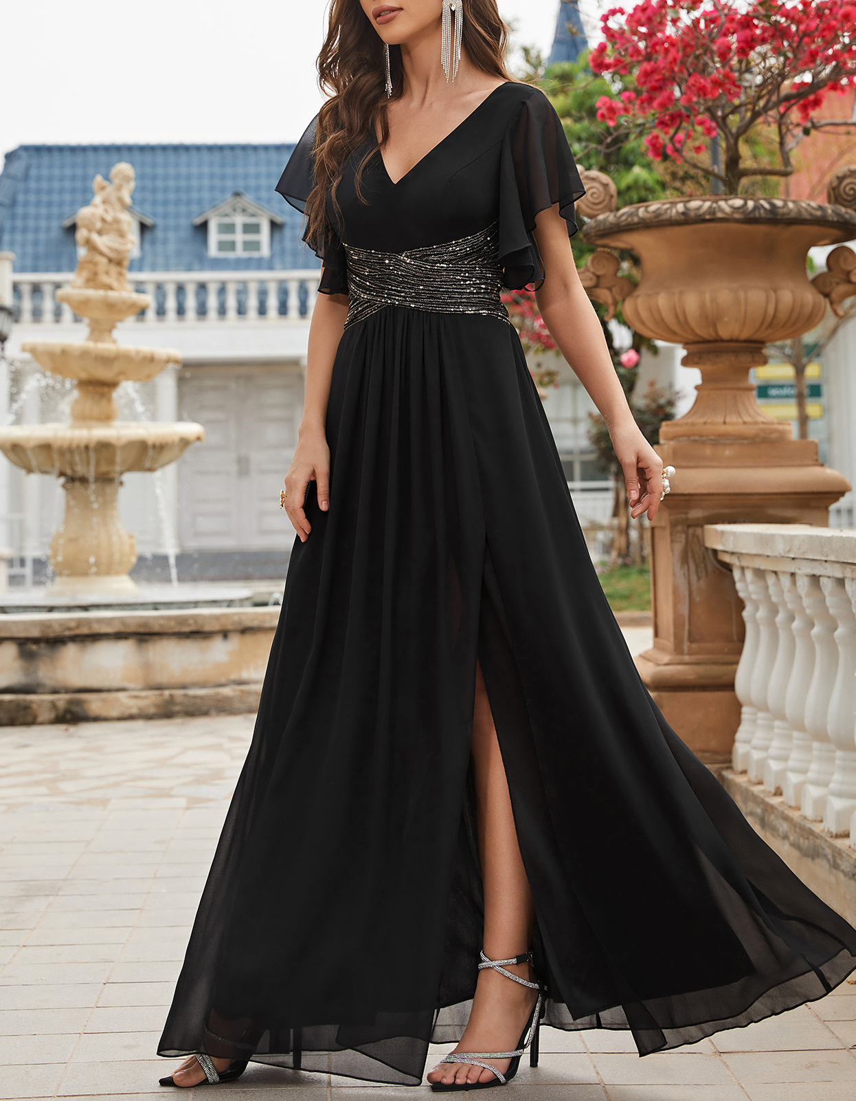 Chiffon V-Neck Sequined Waistband & High Slit Maxi Dress
