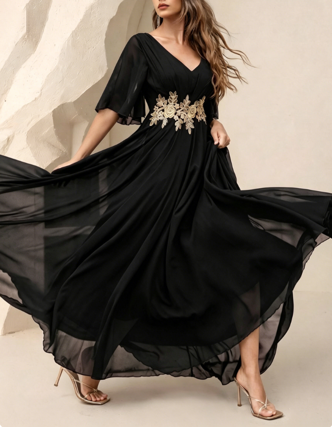 V-Neck Floral Lace Embroidered Chiffon A-Line Maxi Dress