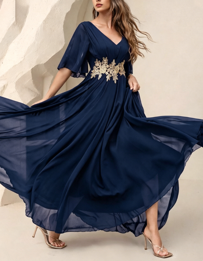 V-Neck Floral Lace Embroidered Chiffon A-Line Maxi Dress