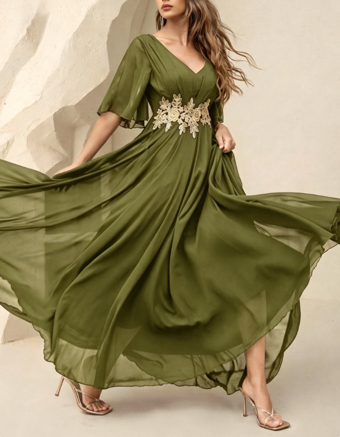 V-Neck Floral Lace Embroidered Chiffon A-Line Maxi Dress