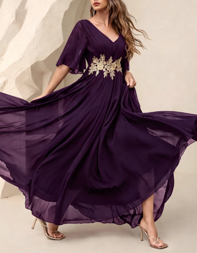 V-Neck Floral Lace Embroidered Chiffon A-Line Maxi Dress
