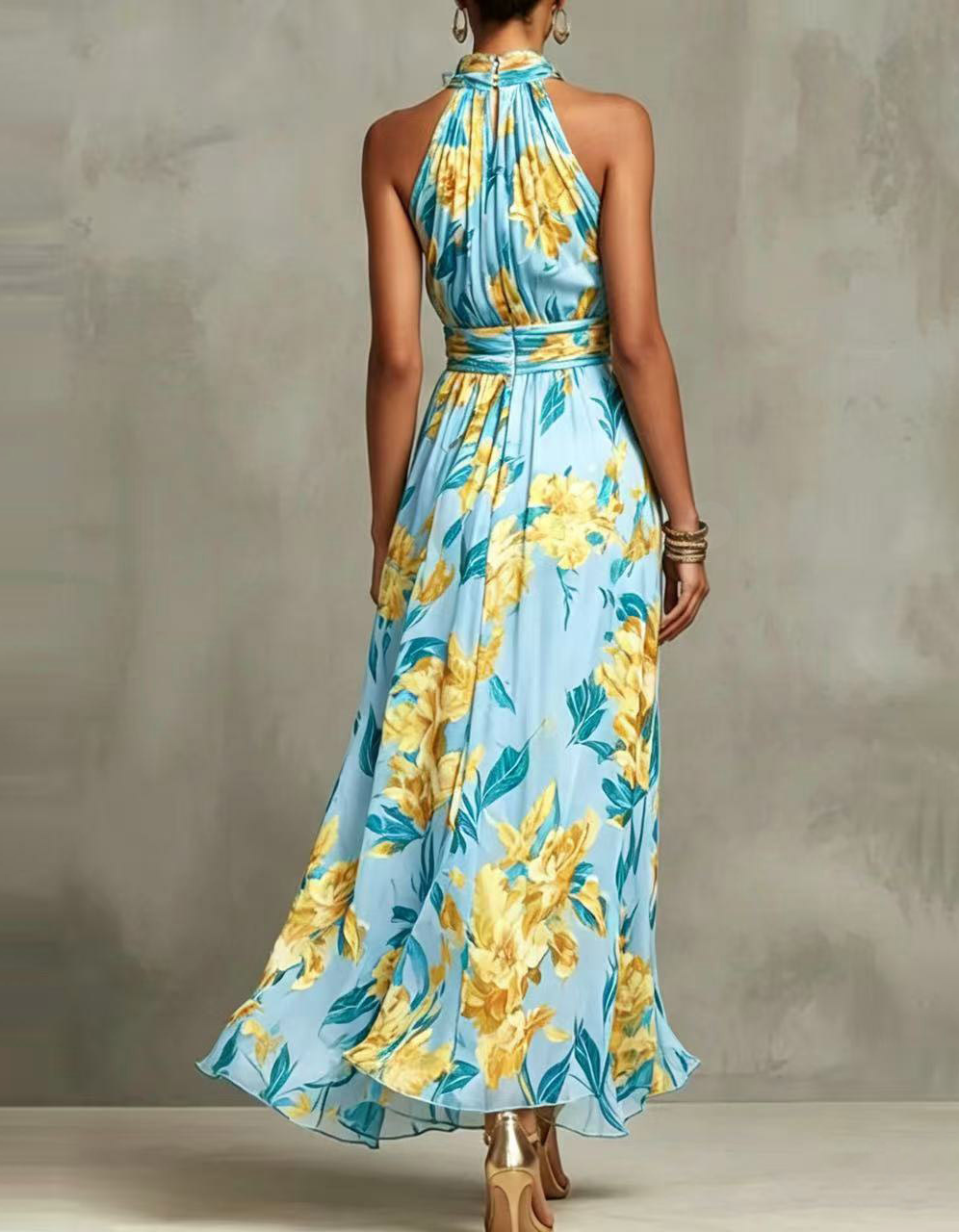 Halter Floral Print Chiffon A-Line Floor Length Maxi Dress