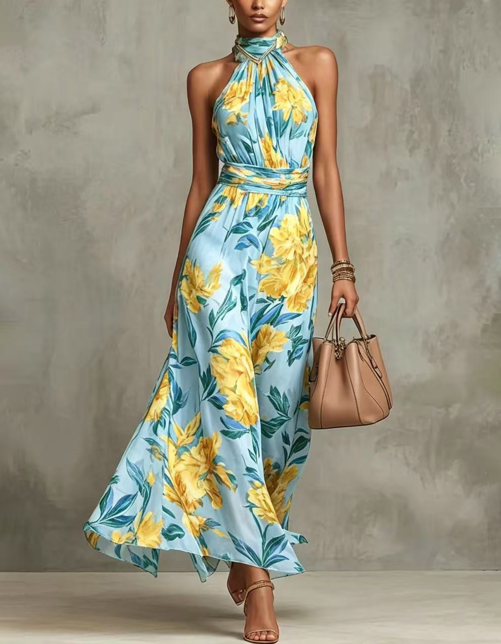 Halter Floral Print Chiffon A-Line Floor Length Maxi Dress