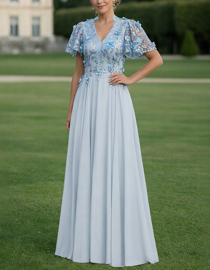 Sage Green Floral Embroidered Chiffon A-Line Maxi Dress