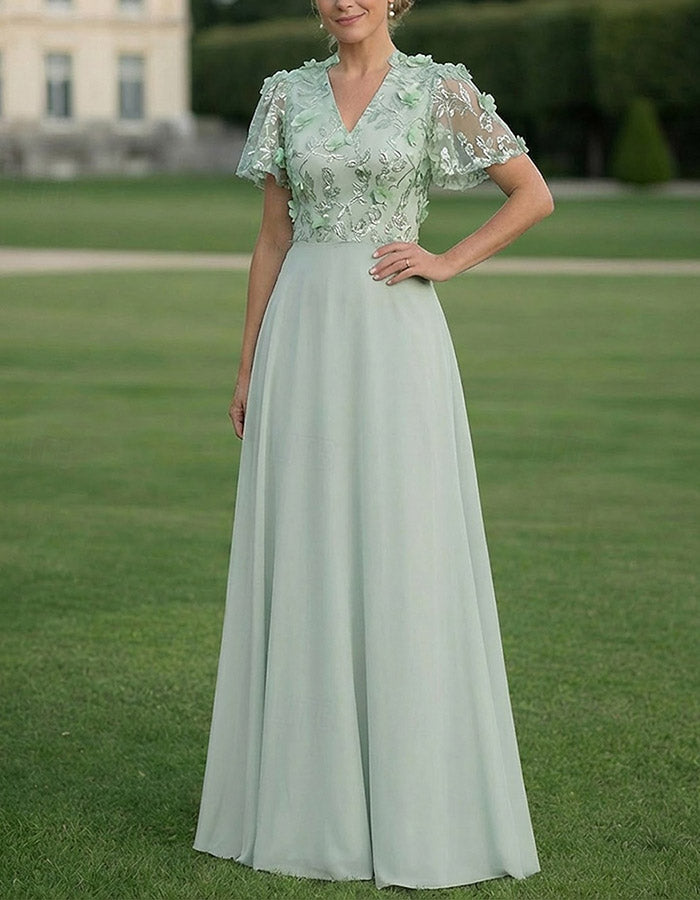 Sage Green Floral Embroidered Chiffon A-Line Maxi Dress