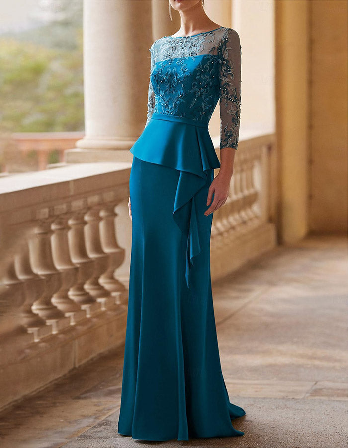 Taupe Illusion Floral Lace Peplum Mermaid Maxi Dress