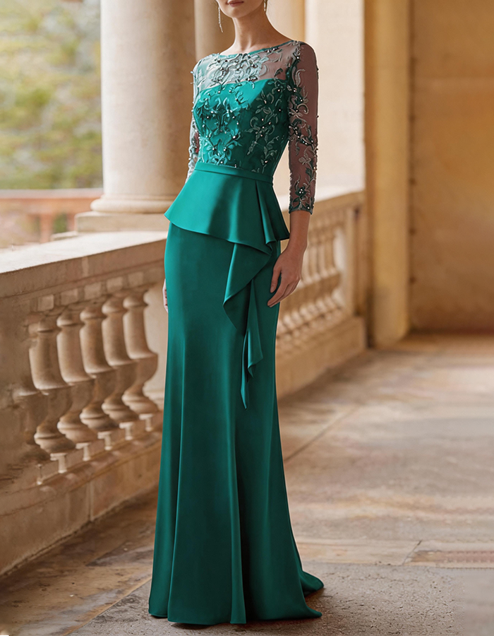Taupe Illusion Floral Lace Peplum Mermaid Maxi Dress