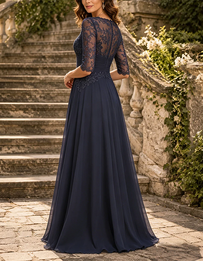Navy Blue Illusion Lace & Chiffon A-Line Maxi Dress