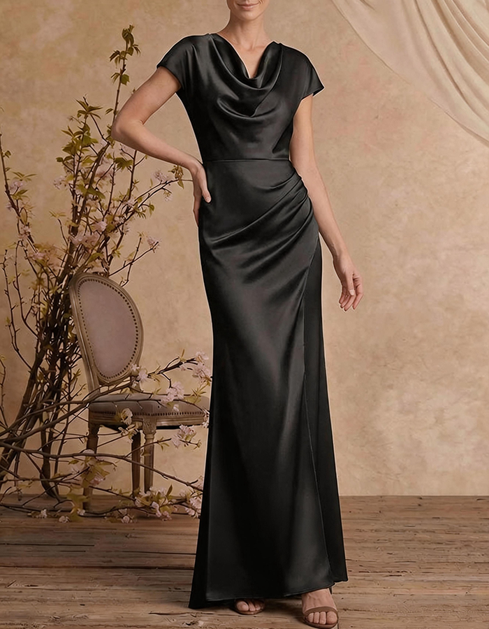 Vestido Maxi Sereia de Cetim Verde Azeitona com Gola Cowl