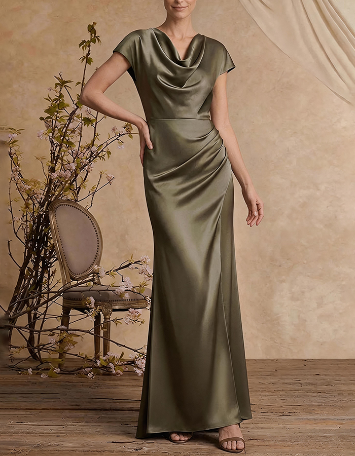 Vestido Maxi Sereia de Cetim Verde Azeitona com Gola Cowl