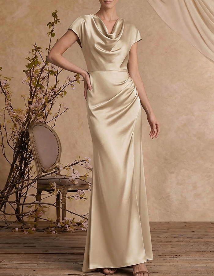 Vestido Maxi Sereia de Cetim Verde Azeitona com Gola Cowl