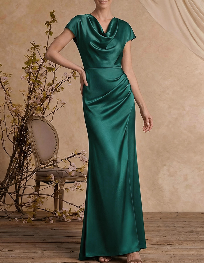 Vestido Maxi Sereia de Cetim Verde Azeitona com Gola Cowl