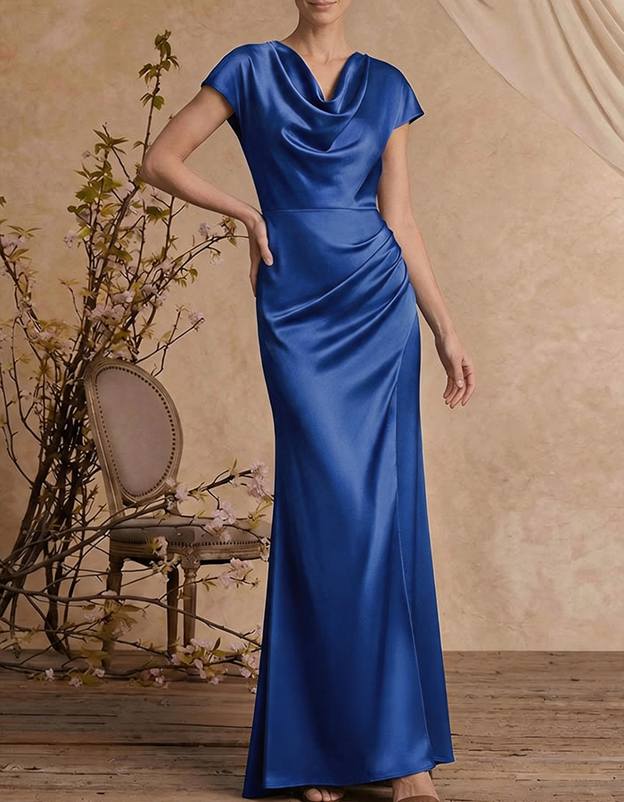 Vestido Maxi Sereia de Cetim Verde Azeitona com Gola Cowl