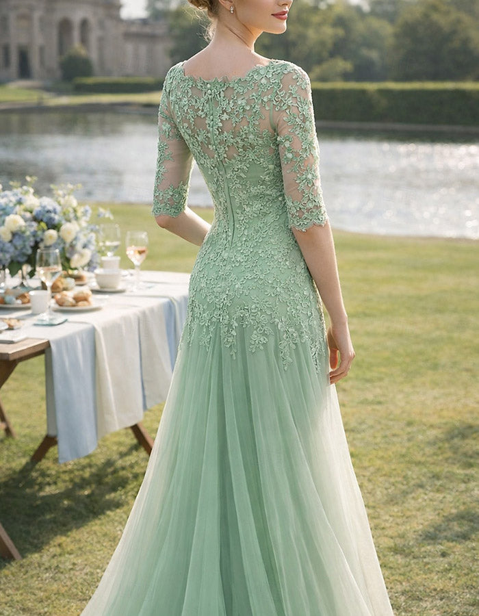 Rochie maxi în linie A, cu decolteu în V, dantelă florală și tul, culoare verde salvie