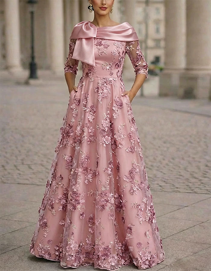 Vestido maxi de color sólido con bordado floral 3D