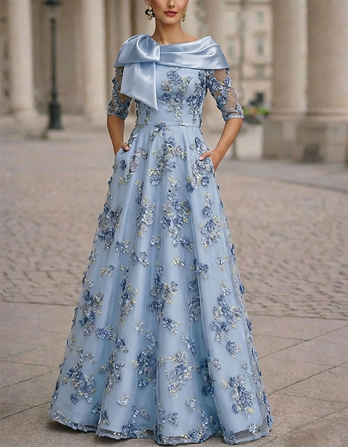 Vestido maxi de color sólido con bordado floral 3D