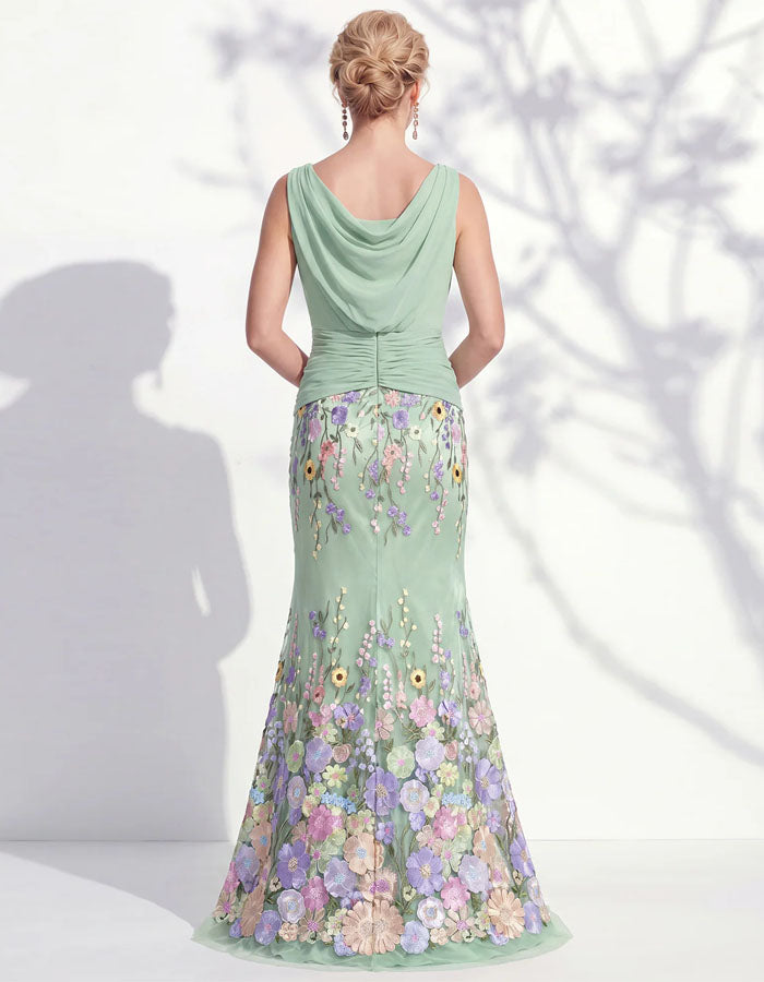 Rochie maxi verde fără mâneci, cu model floral 3D multicolor