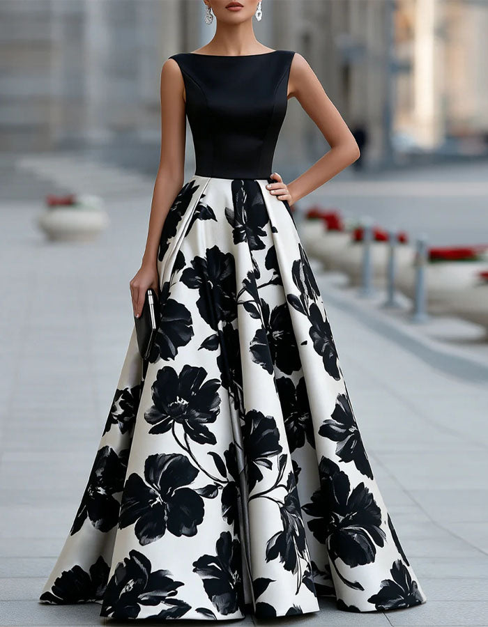 Vestido maxi negro de satén con estampado