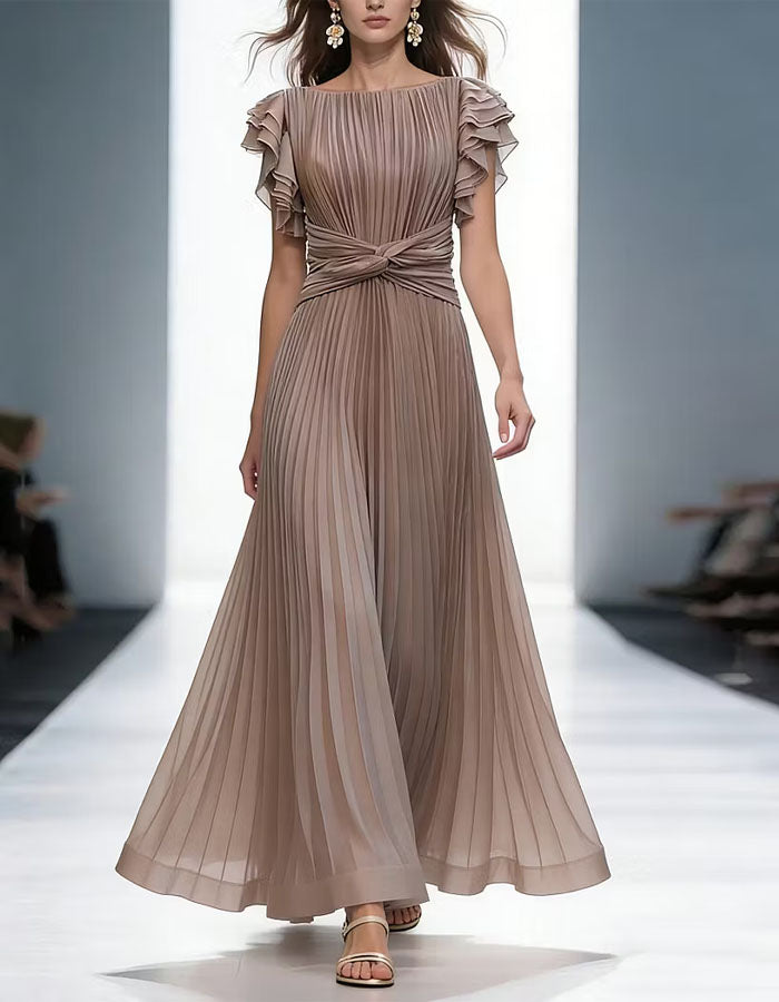 Vestido maxi camisa caqui con mangas cortas y volantes