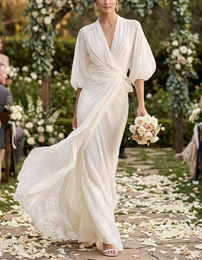 White V-Neck Puff Sleeve Chiffon Slit Maxi Dress