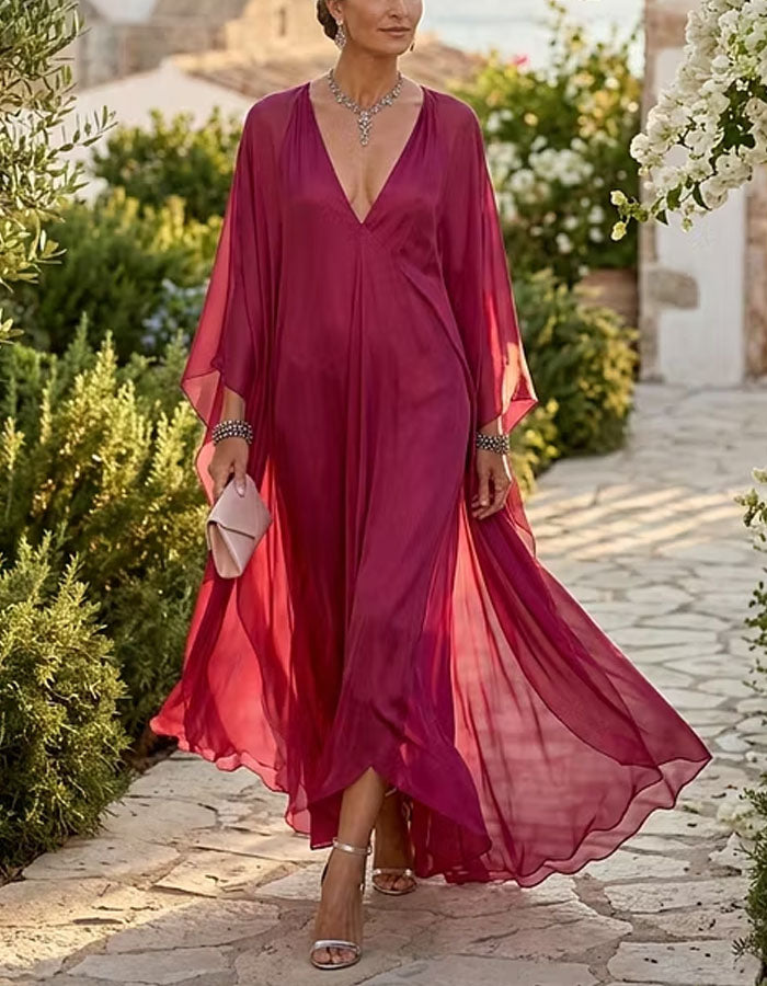 Rose Pink Deep V-Neck Batwing Sleeve Loose Chiffon Maxi Dress