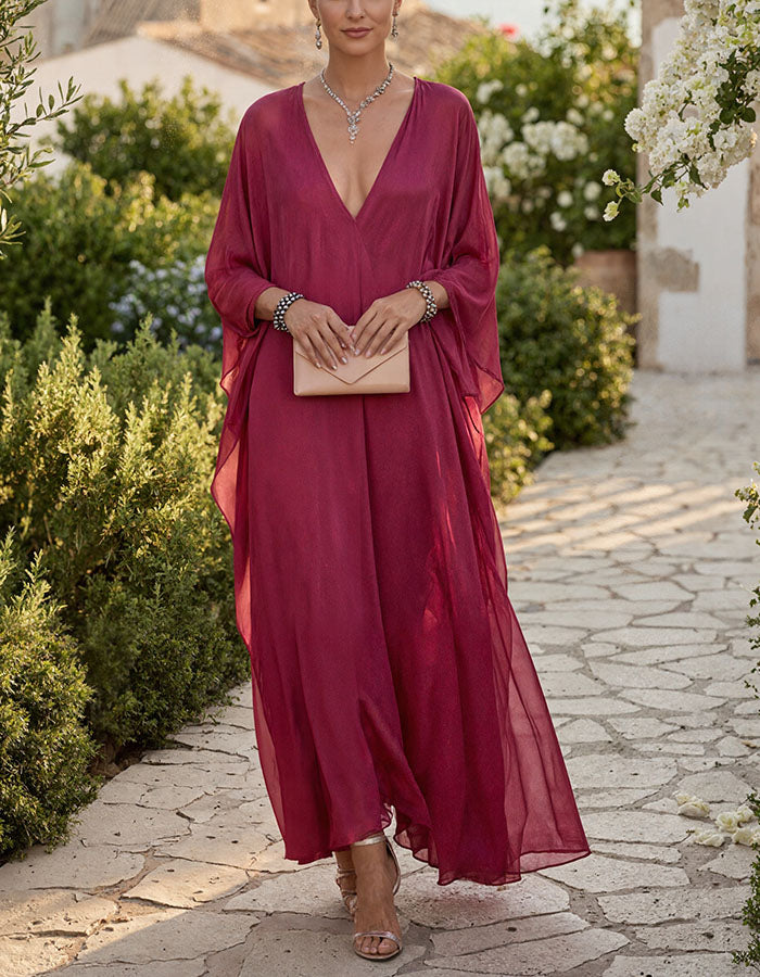 Rochie maxi roz trandafir cu decolteu adânc în V, mâneci tip aripă de lilieci, din chiffon lejer