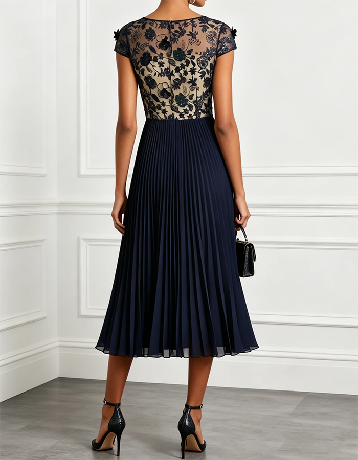 Navy Blue Illusion Floral Lace & Pleated Chiffon Midi Dress