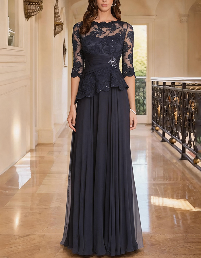 Navy Blue Illusion Lace Peplum Chiffon Maxi Dress