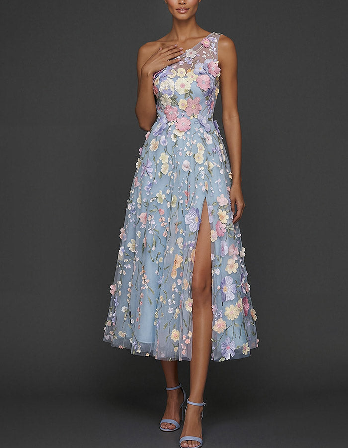 Light Blue One-Shoulder 3D Floral Tulle Midi Dress