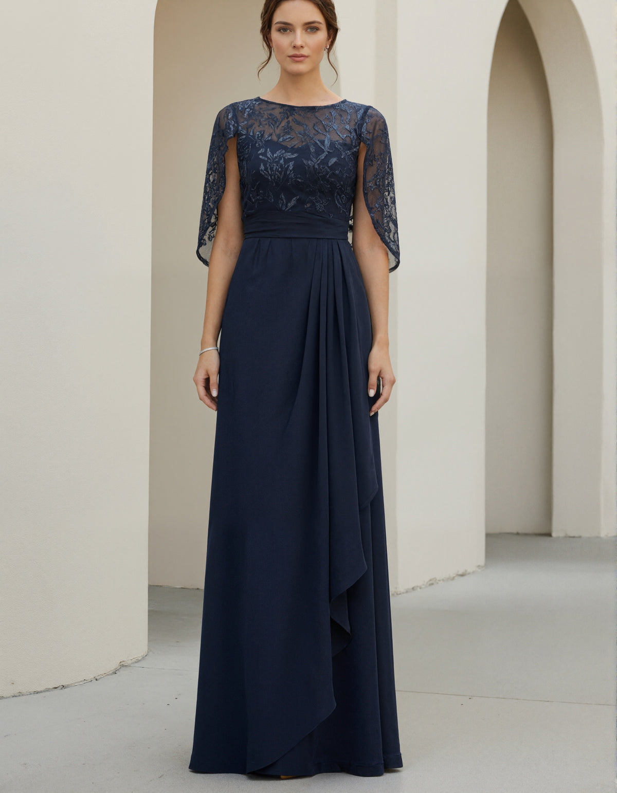 Navy Blue Lace Shawl Sleeve Chiffon Maxi Dress