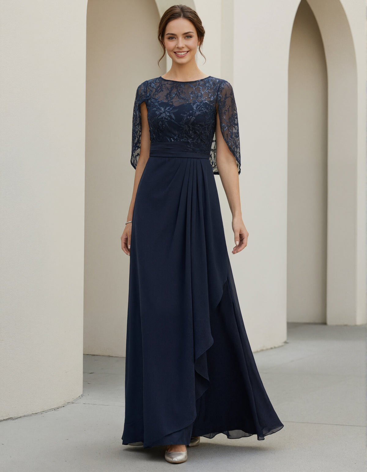 Navy Blue Lace Shawl Sleeve Chiffon Maxi Dress