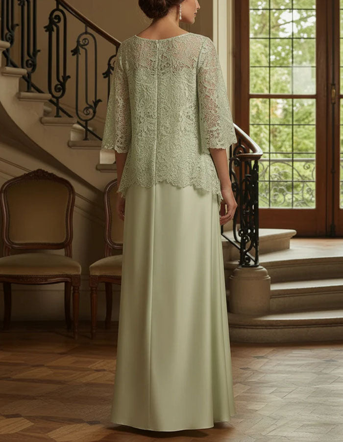 Rochie maxi verde salvie din satin cu dantelă