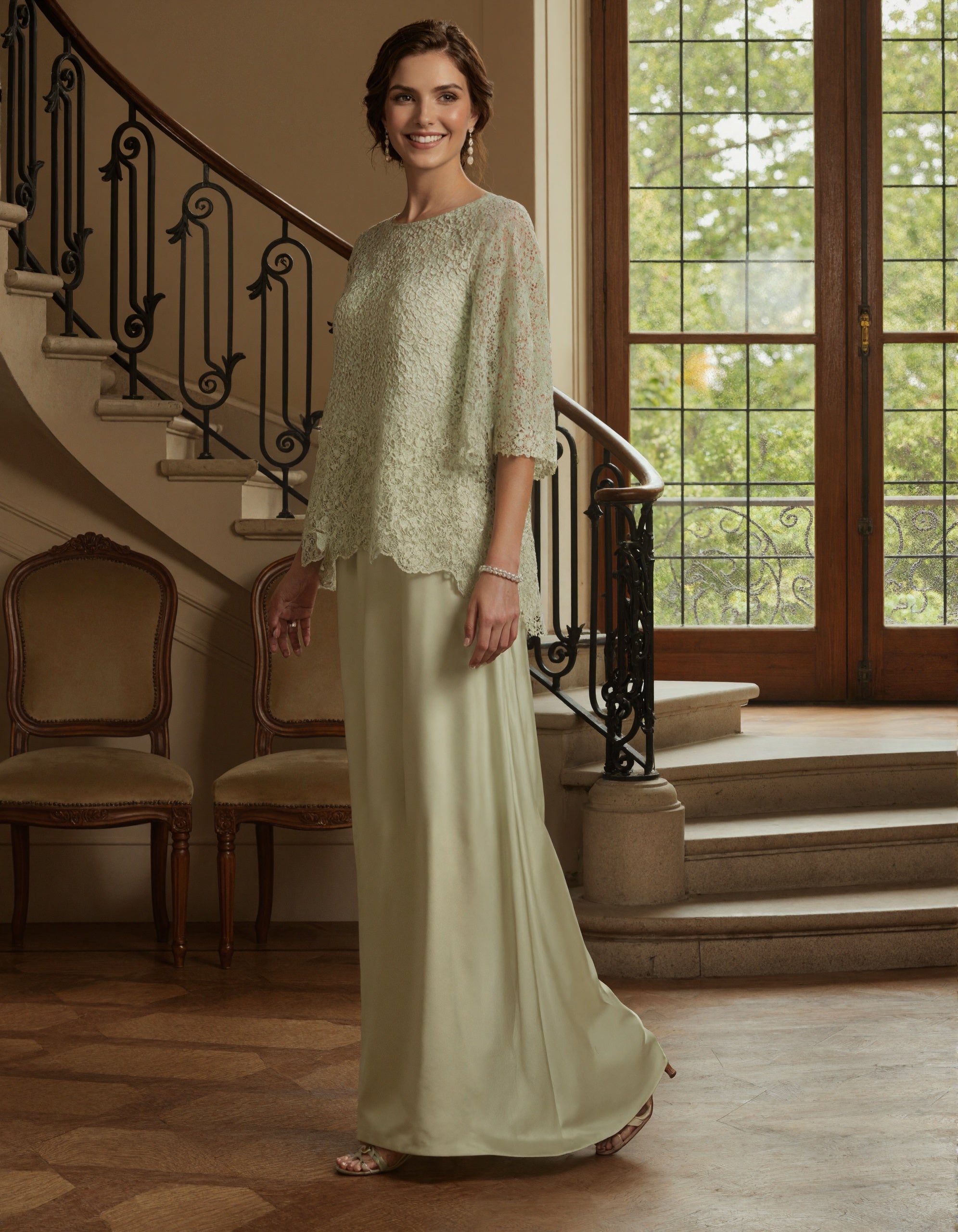 Rochie maxi verde salvie din satin cu dantelă