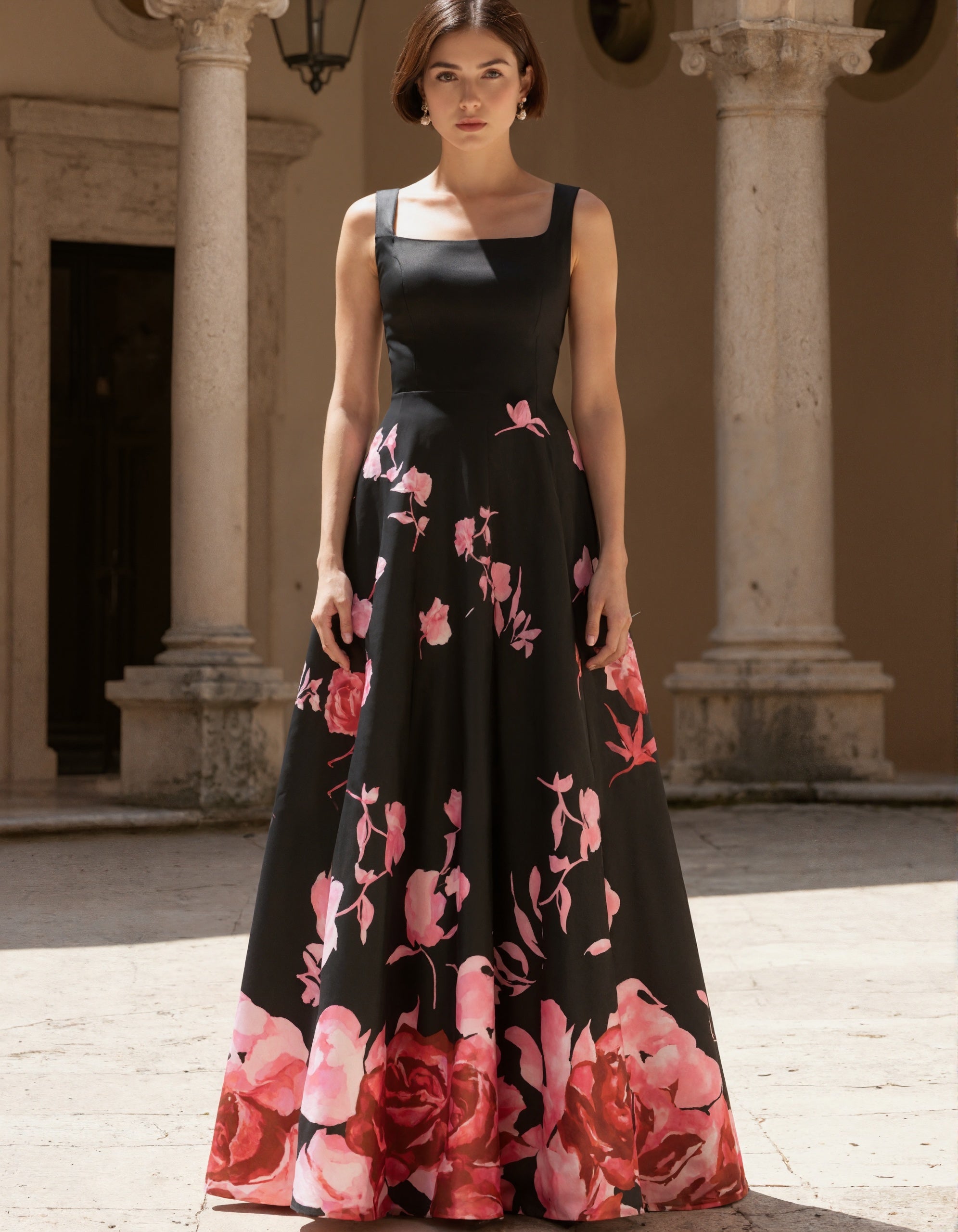 Black Square Neck Sleeveless Dress With Pink Rose Print Maxi Dress