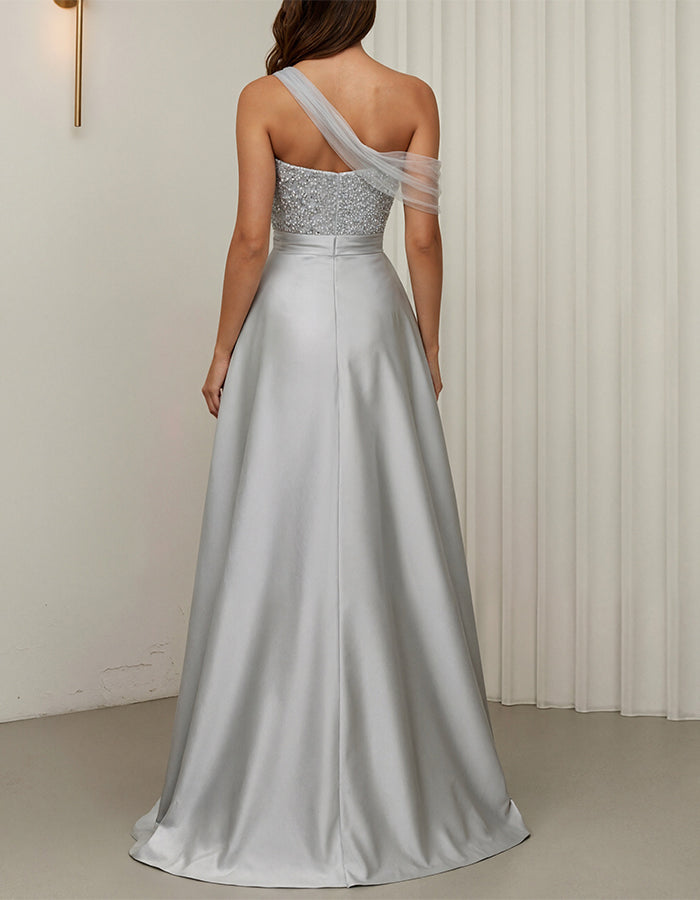 Silver Tulle One Shoulder Sequined Satin Slit Maxi Dress