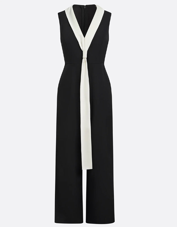 Black And White Color Blocked V-Neck High Waisted Wide Leg Jumpsuit