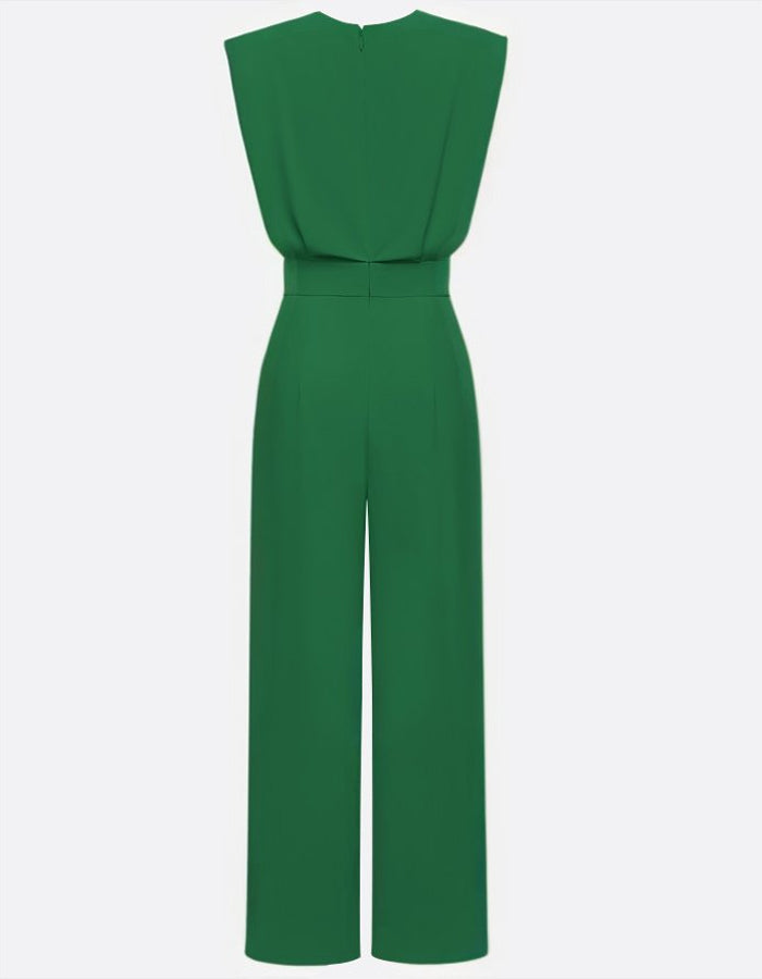 Mono verde con cuello redondo, hombreras acolchadas, sin mangas, cintura alta y pierna ancha