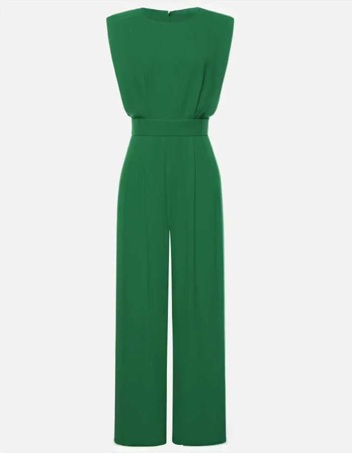 Mono verde con cuello redondo, hombreras acolchadas, sin mangas, cintura alta y pierna ancha