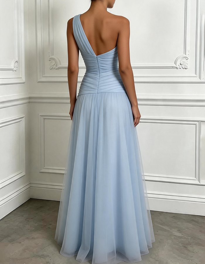 Light Blue One-Shoulder 3D Floral Tulle Maxi Dress
