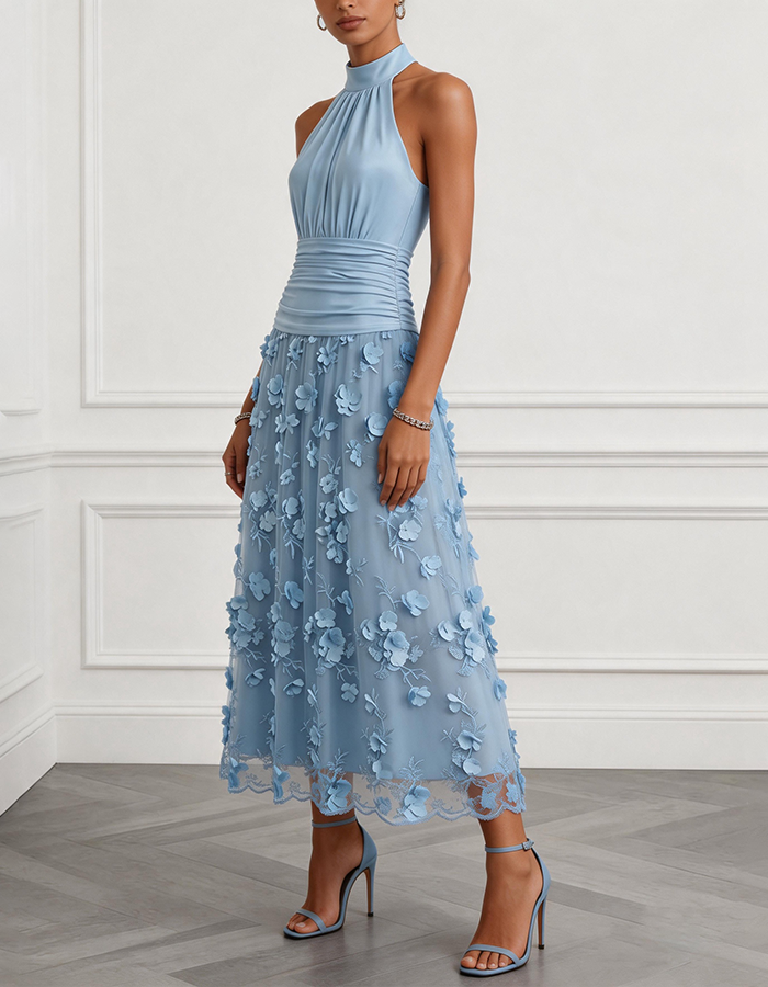 Hellblaues Midi-Kleid aus Tüll mit 3D-Blumenmuster und einem schulterfreien Design