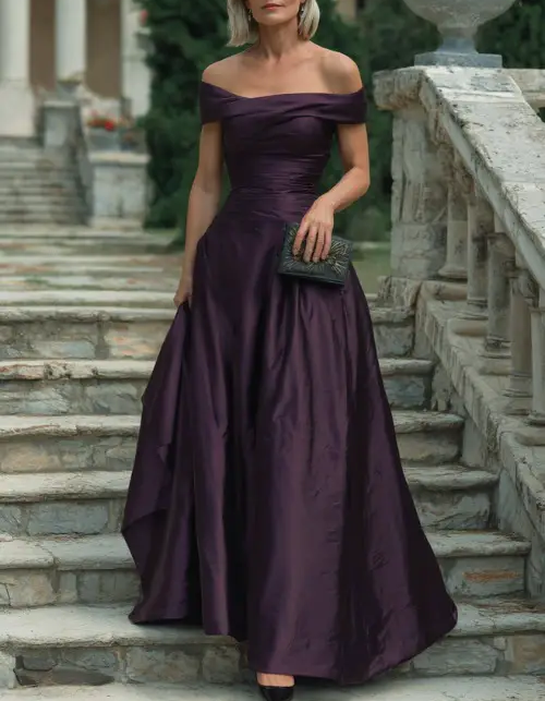 Dark Purple Off-the-Shoulder Satin A-Line Maxi Dress