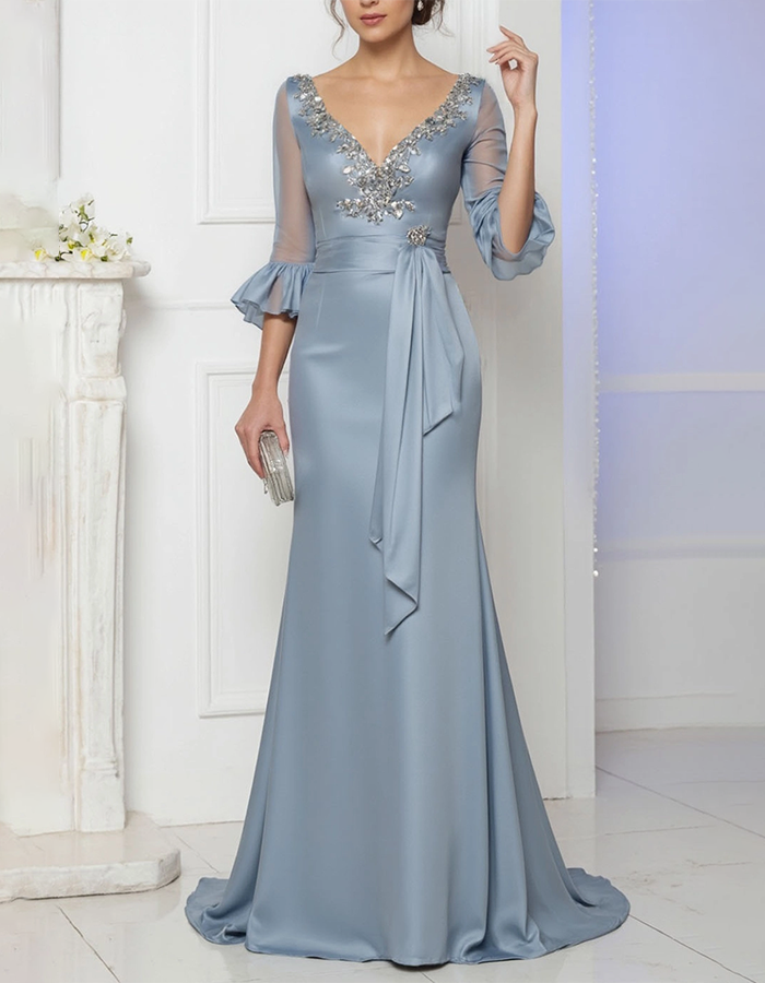 Dusty Blue V-Neck Beaded Satin Mermaid Maxi Dress