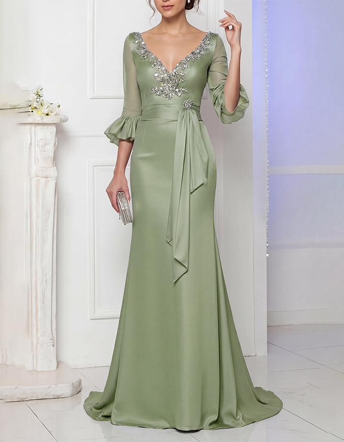 Dusty Blue V-Neck Beaded Satin Mermaid Maxi Dress