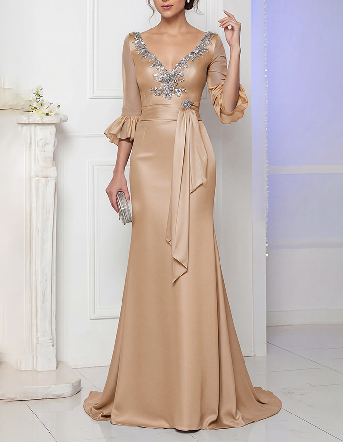 Dusty Blue V-Neck Beaded Satin Mermaid Maxi Dress