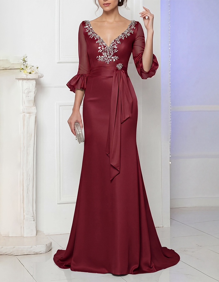 Dusty Blue V-Neck Beaded Satin Mermaid Maxi Dress